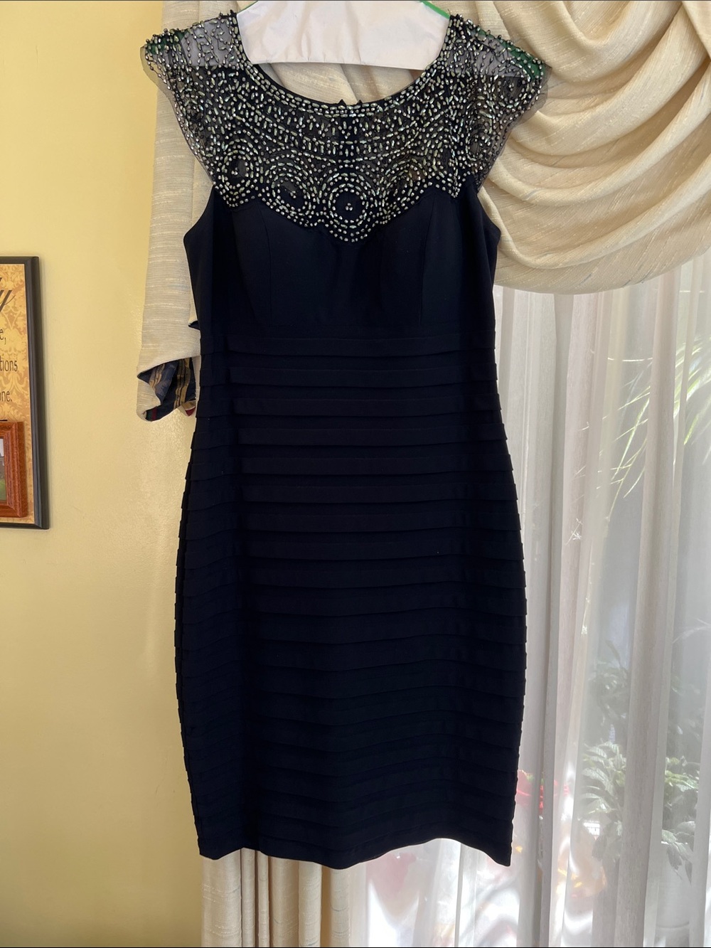 Xscape Navy Beaded Yoke Midi Dress